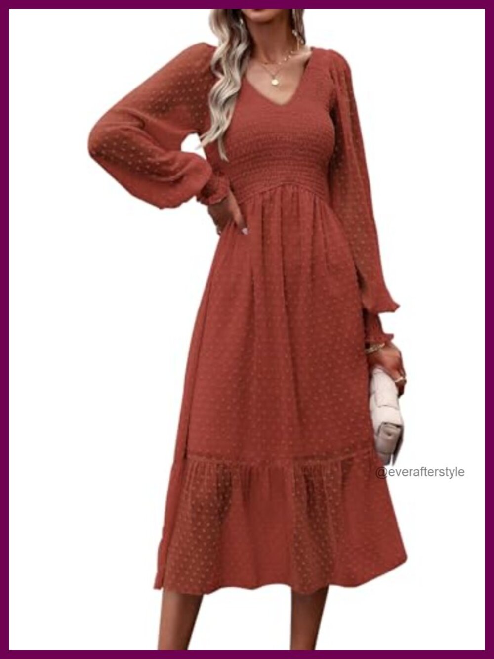 Women's Long Sleeve V Neck Swiss Dot Chiffon Midi Dress Smocked Ruffle